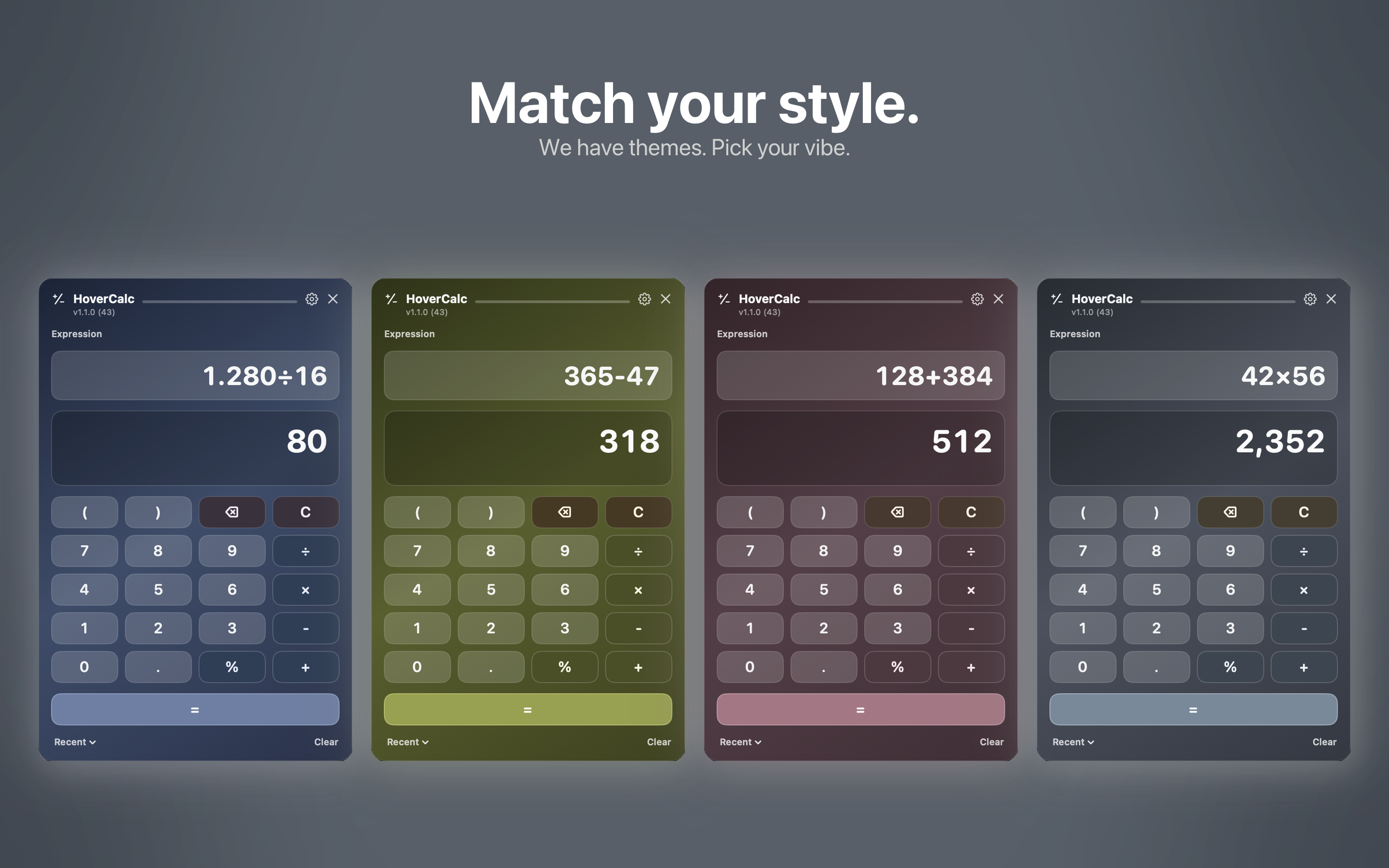 HoverCalc floating calculator in multiple color themes