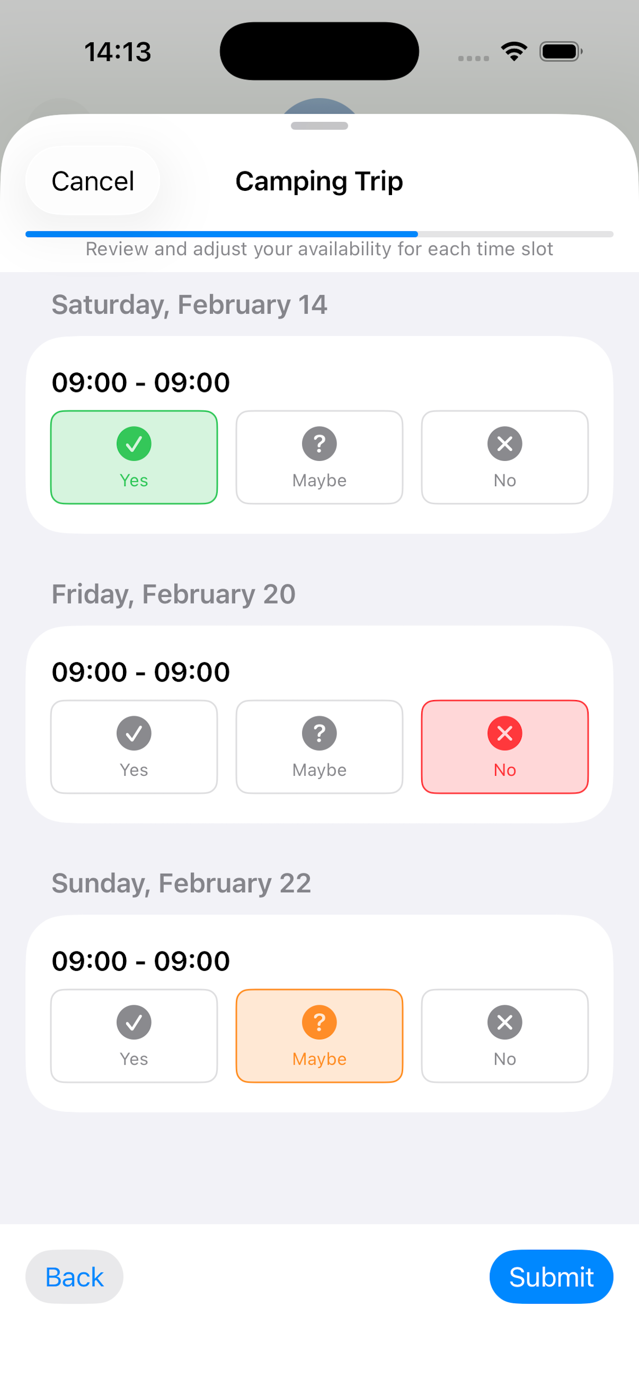 PickDatePlace poll with Yes, Maybe and No answers for each date on iPhone